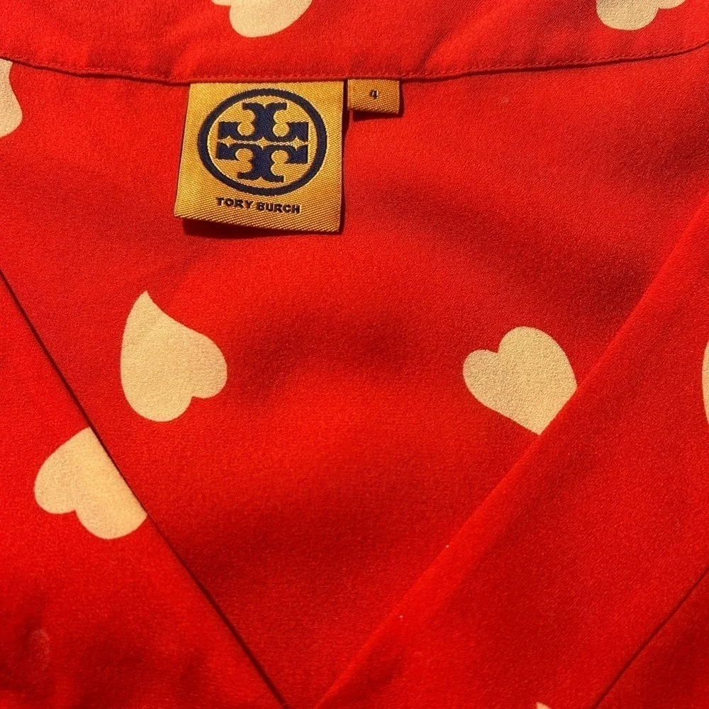 Tory Burch 100% Silk Top VNeck Red Bowtie Accent Valentines Day NWOT